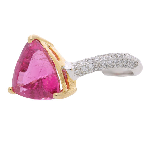 3.54 Carat Trilliant Rubellite Pink Tourmaline & Diamond 18K Two Tone Gold Ring