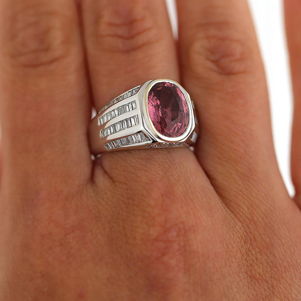 3.59 Carat Oval Pink Tourmaline and Baguette Diamond 18K White Gold Unisex Ring