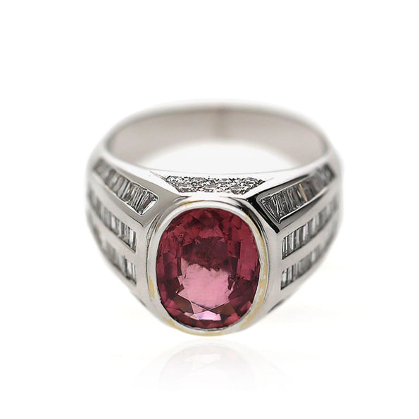 3.59 Carat Oval Pink Tourmaline and Baguette Diamond 18K White Gold Unisex Ring