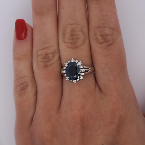 3.62 Carat Oval Blue Sapphire and Diamond Halo Platinum Split Ring