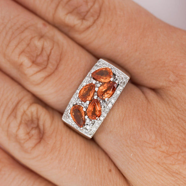3.75 Carat Pear-Cut Orange Sapphire and Diamond Cluster 14K Gold Ring