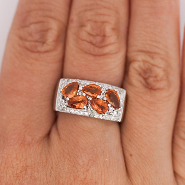 3.75 Carat Pear-Cut Orange Sapphire and Diamond Cluster 14K Gold Ring