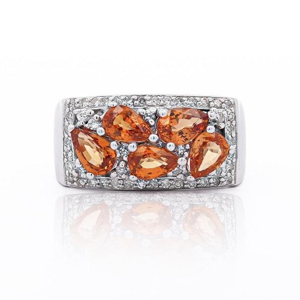 3.75 Carat Pear-Cut Orange Sapphire and Diamond Cluster 14K Gold Ring