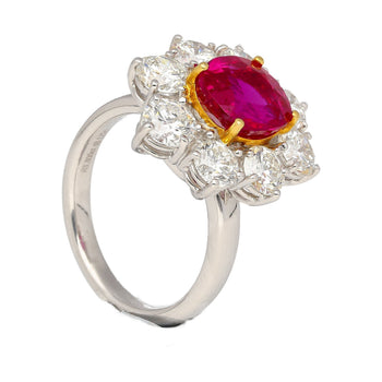 3.80 Carat Oval Cut No Heat Burma Ruby Ring With Round Diamond Halo in Platinum – Assay Jewelers
