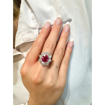 3.80 Carat Oval Cut No Heat Burma Ruby Ring With Round Diamond Halo in Platinum – Assay Jewelers