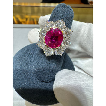 3.80 Carat Oval Cut No Heat Burma Ruby Ring With Round Diamond Halo in Platinum – Assay Jewelers