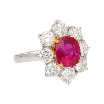 3.80 Carat Oval Cut No Heat Burma Ruby Ring With Round Diamond Halo in Platinum – Assay Jewelers