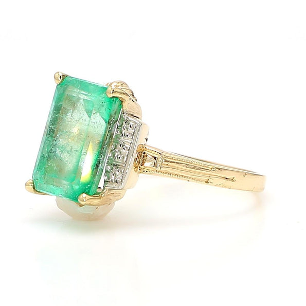 3.95 Carat Emerald & Diamond Milgrain Vintage 14K Gold Ring