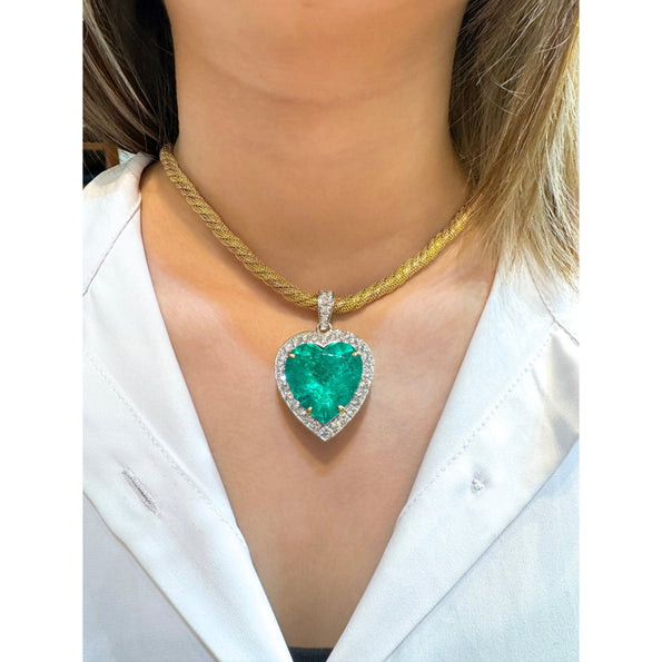 44 Carat Heart Shaped Emerald Pendant with Round Cut Diamond Halo in 18K Gold Necklace