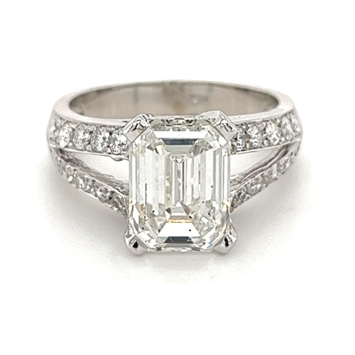SI1 Emerald Cut Lab Diamond In Split Shank Diamond Side Stone 14K White Gold Ring