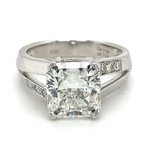 4.11 Carat Radiant Cut Lab Grown Diamond in Split-Shank Diamond Side Stone Ring