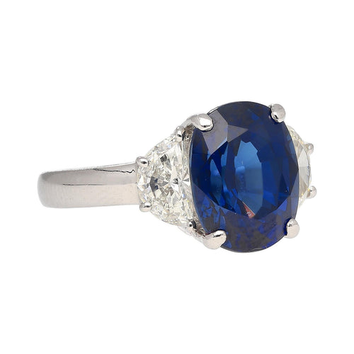 4.22ct Vivid Blue Oval Cut Sapphire & Diamond 3 Stone Ring