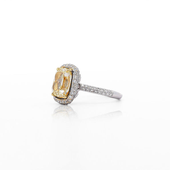 4.36 Carat Elongated Cushion Fancy Yellow Diamond Halo 18K Engagement Ring