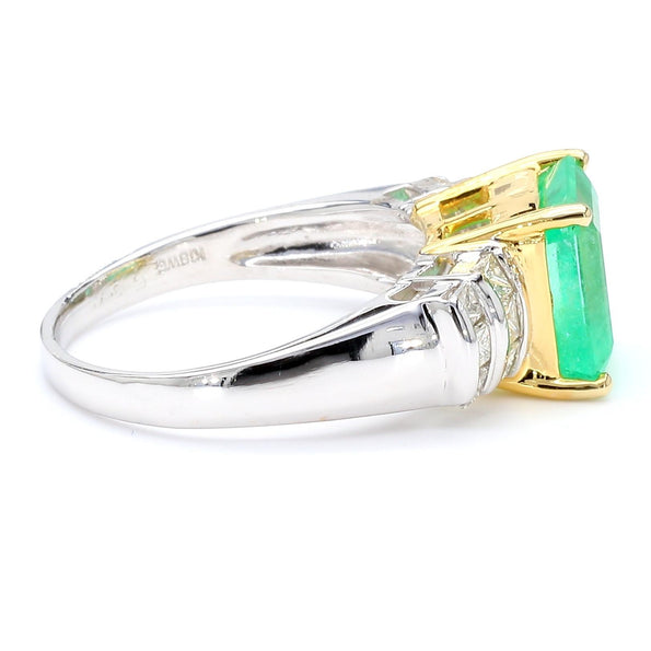 4.39 Carat Emerald Cut Green Emerald & Princess Cut Diamond 18K Two Tone Ring