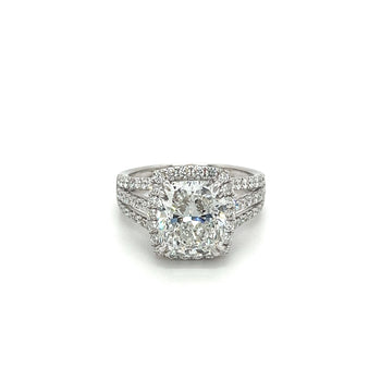 4.44 Carat F/VVS2 Cushion Cut Lab Grown Diamond in 3 Row Split Shank Diamond Halo Ring – Assay Jewelers
