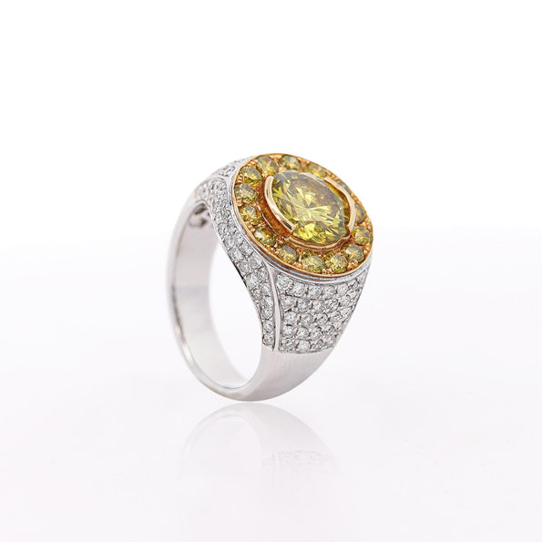 4.44 Carat Round Cut Yellow Diamond 18K Gold Halo Mens Ring
