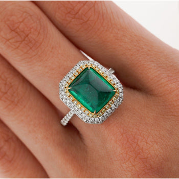 4.49 Carat Sugarloaf Cabochon Cut Colombian Emerald and Diamond Halo Ring in 18k White Gold – Assay Jewelers