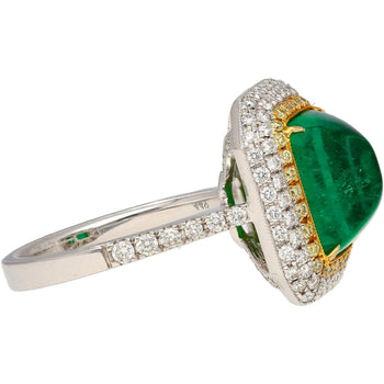 4.49 Carat Émeraude colombienne taille cabochon sugarloaf et Bague halo de diamants en or blanc 18k – Assay Jewelers