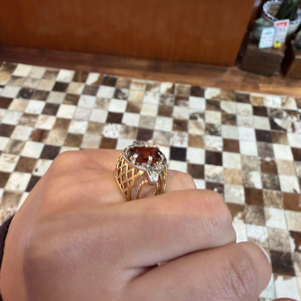 4.65 Carat Spessartine Garnet Diamond Lattice Wide Band 18K Two Tone Gold Ring