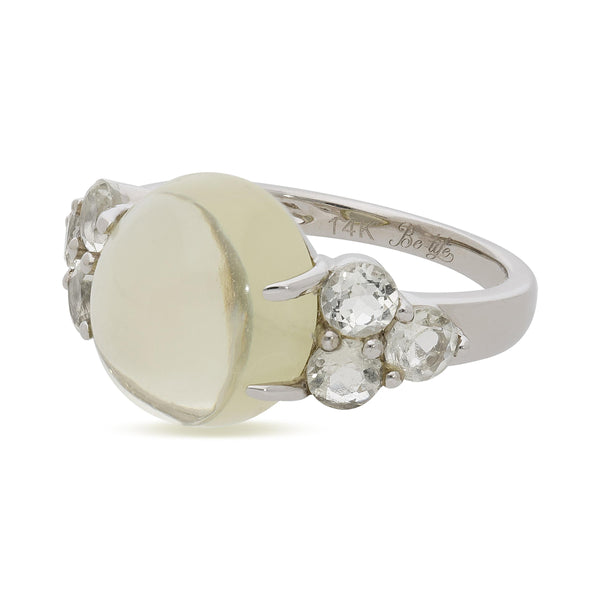 5 Carat Oval Cabochon Moonstone & Round Aquamarine 14K White Gold Cocktail Ring