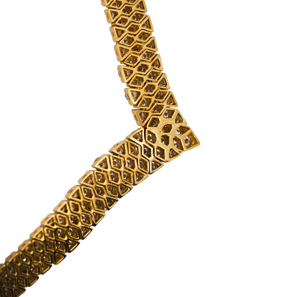 50 Carat Round Brilliant Diamond in 18K Yellow Gold Three Row V Shape Necklace