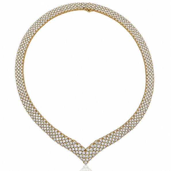 50 Carat Round Brilliant Diamond in 18K Yellow Gold Three Row V Shape Necklace