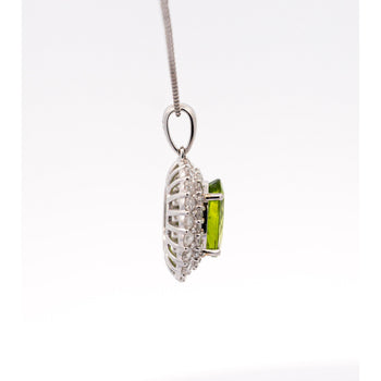 5.03 Carat Oval Cut Peridot Pendant with Round Cut Diamond Halo in 18K White Gold – Assay Jewelers