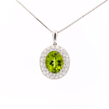 5.03 Carat Oval Cut Peridot Pendant with Round Cut Diamond Halo in 18K White Gold – Assay Jewelers