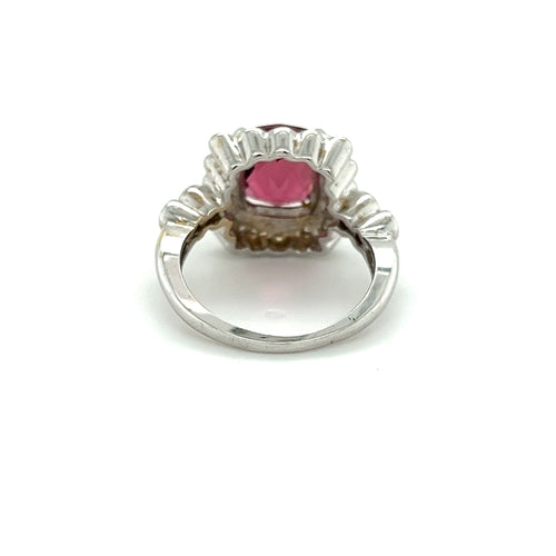 5.20 Carat Cushion Checkerboard Cut Pink Tourmaline & Diamond Ring in 18K White Gold