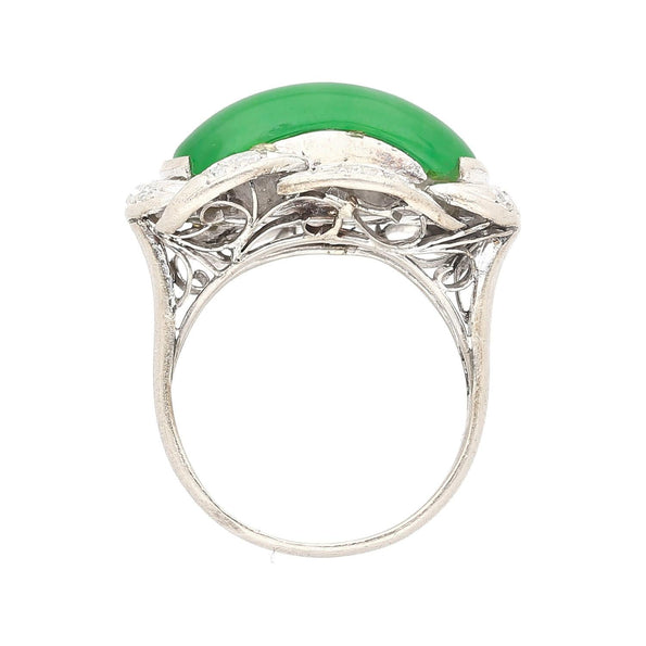 5.29 Carat Type A Jade & Diamond in Ornate Saddle-Top 18K White Gold Ring