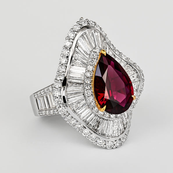 5.3 Carat Pear Cut Ruby & Baguette Diamond Ballerina White Gold Ring