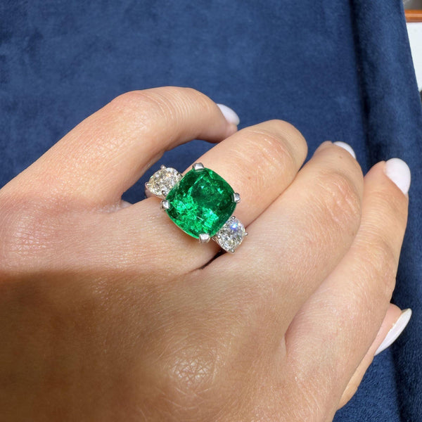5.41 Carat Vivid Green Colombian Muzo Emerald & Old Euro Diamond 3 Stone Ring