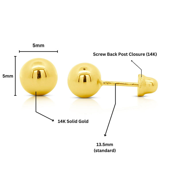 5mm Classic 14K Yellow Gold Ball Stud Earrings In Screw Backs