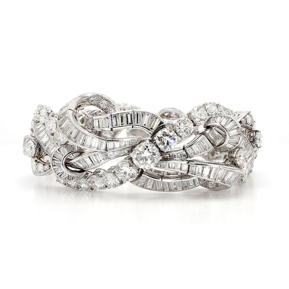 60 Carat Baguette & Round Cut Diamond in Platinum Retro Scroll Design Bracelet
