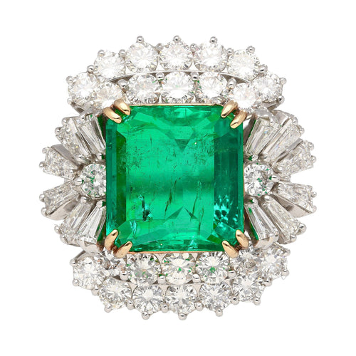 6.26 Carat Emerald Cut Emerald with Trillion and Round Cut Diamond Side Stone Ring in 18K White, Yellow Gold