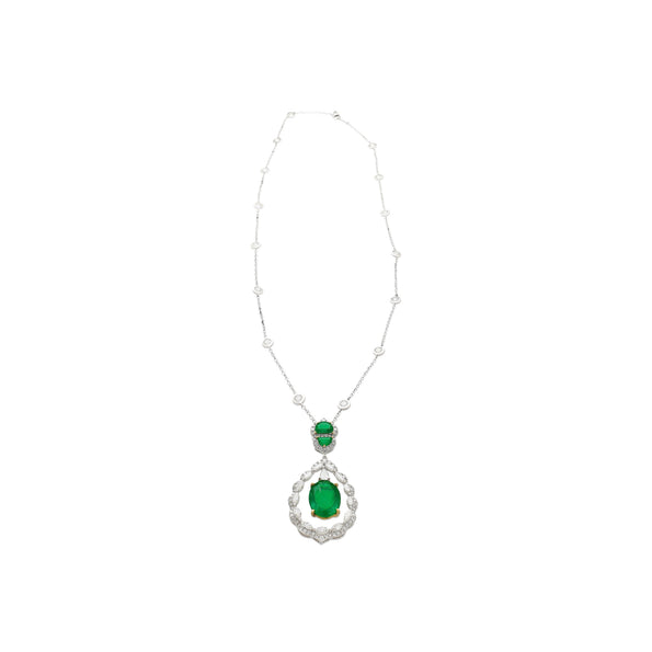 6.42 Carat Oval Emerald Drop & Diamond Halo Pendant Necklace