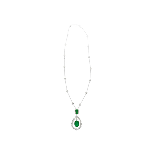 6.42 Carat Oval Emerald Drop & Diamond Halo Pendant Necklace