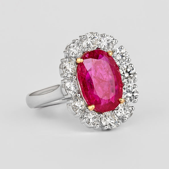 6.45 Carat No-Heat Burma Ruby Oval Cut & Round Diamond Halo Ring