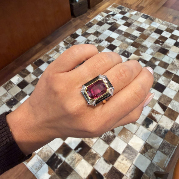 6.94 Carat Emerald Cut Ruby & Diamond 18K Black Bezel Gold Ring