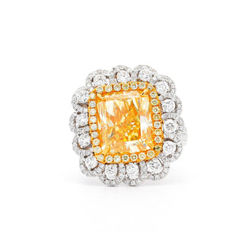 7 Carat Fancy Intense Yellow Radiant Cut Diamond and Diamond Halo Ring | GIA Certified – Assay Jewelers