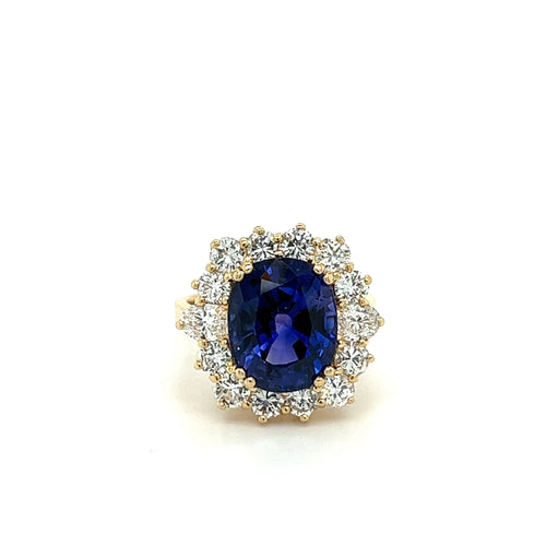 7.15 Carat Oval Cut Blue Sapphire & Diamond Halo Ring in 14K Yellow Gold