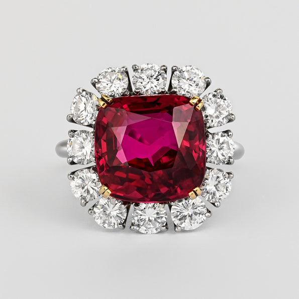 7.25 Carat No Heat Cushion Cut Ruby & Diamond Halo Platinum 18K Gold Ring