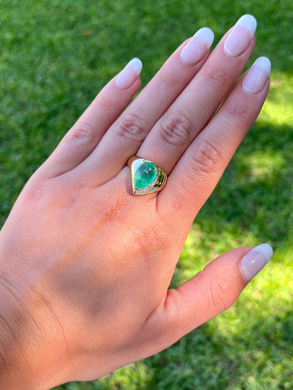 7.81 Carat Pear Shaped Cabochon Emerald & Diamond in 18K Yellow Gold Ring
