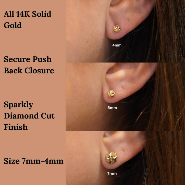 7mm 14K Gold Diamond Cut Hexagon Star Stud Earrings