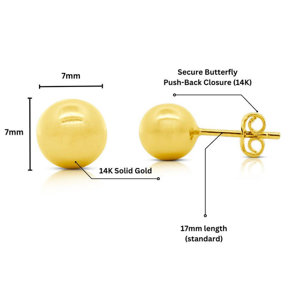 7mm Classic 14K Solid Gold Ball Stud Earrings