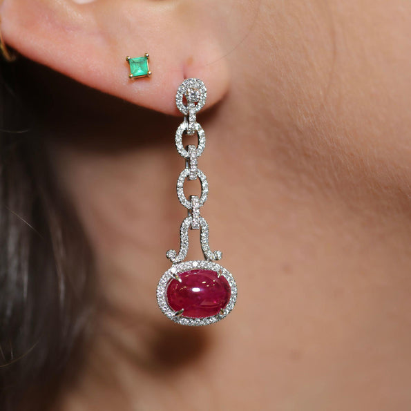 8.05 Carat Oval Cabochon Ruby & Diamond Halo in 18K White Gold Drop Earrings
