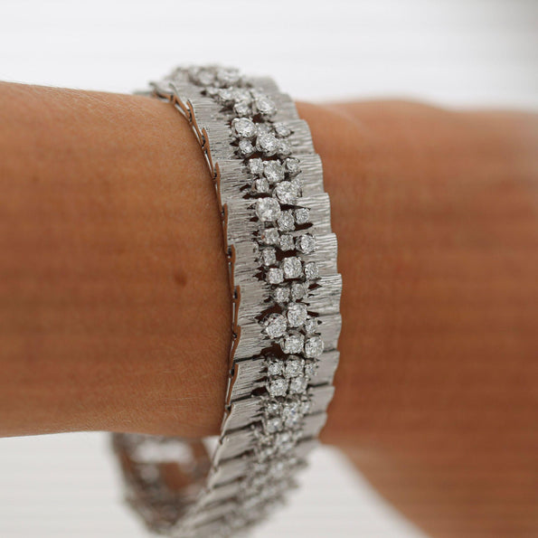 8.50 Carat Round Diamond Three-Row 14K White Gold Bark Texture Wide Bracelet