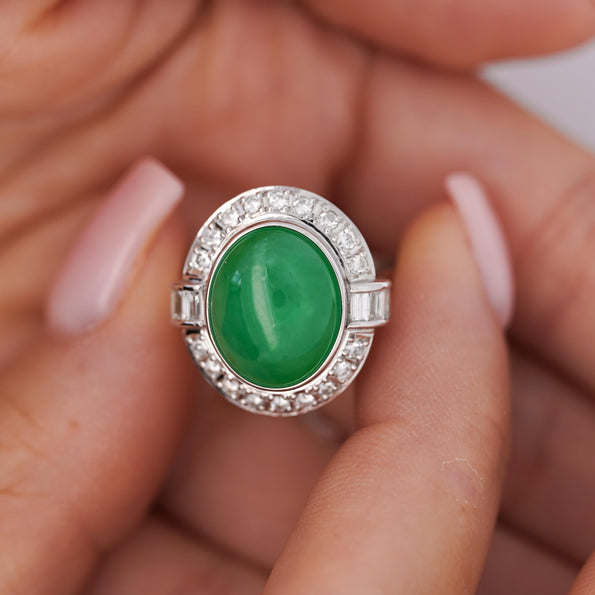 8.55ct Untreated Fei Cui Jadeite Jade Diamond Platinum Ring