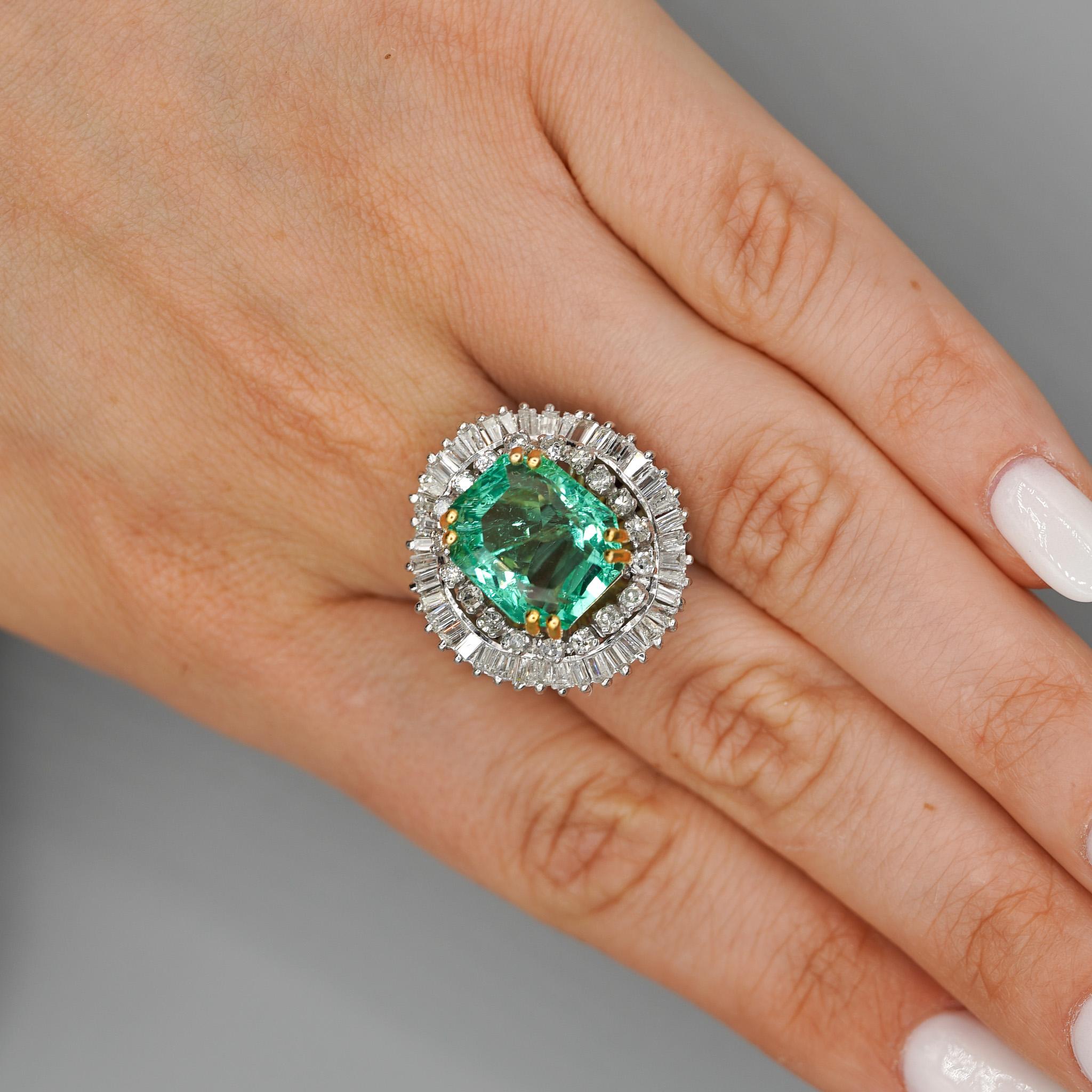 9.17 Carat Octagon Chivor Emerald & Diamond Palladium Ballerina Ring