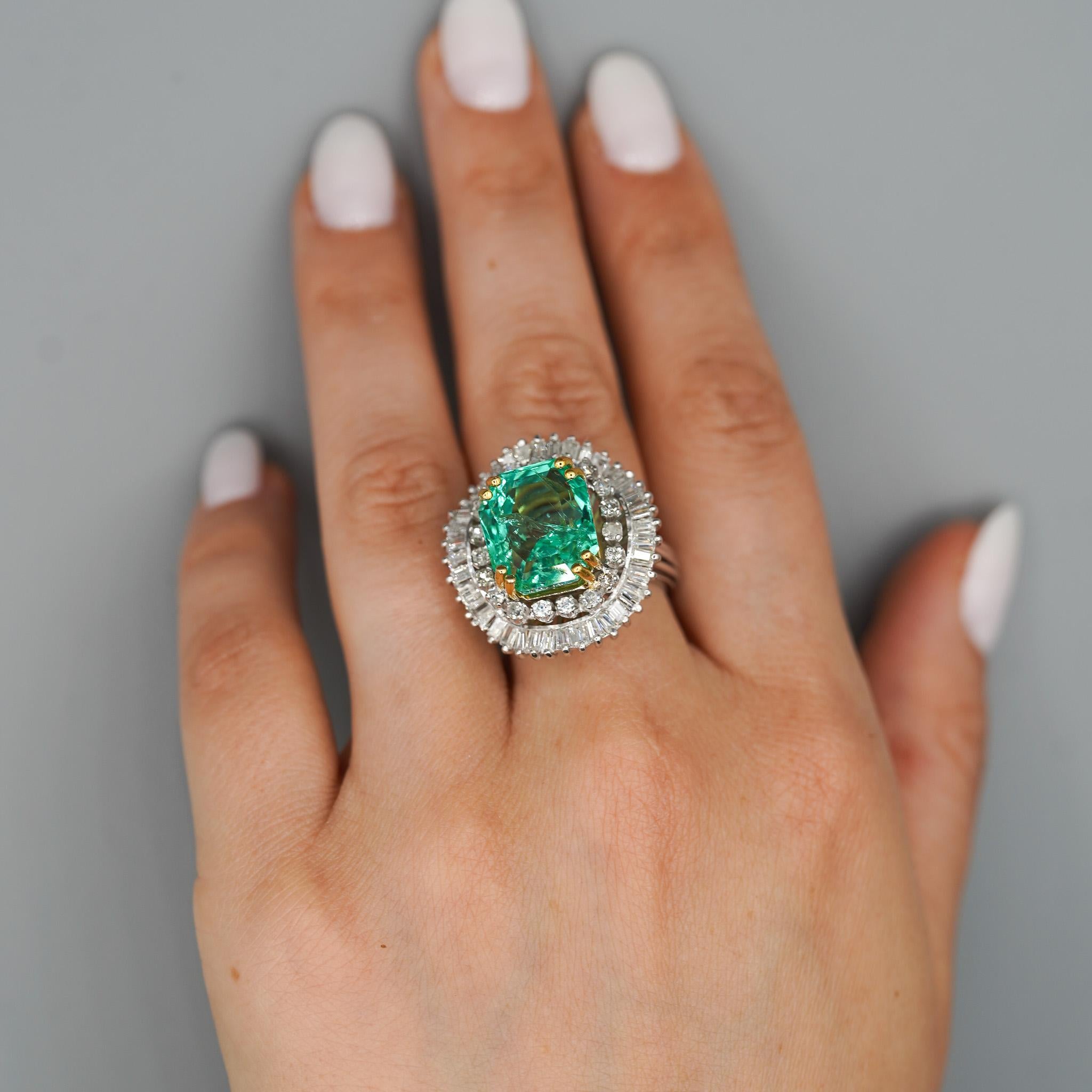 9.17 Carat Octagon Chivor Emerald & Diamond Palladium Ballerina Ring